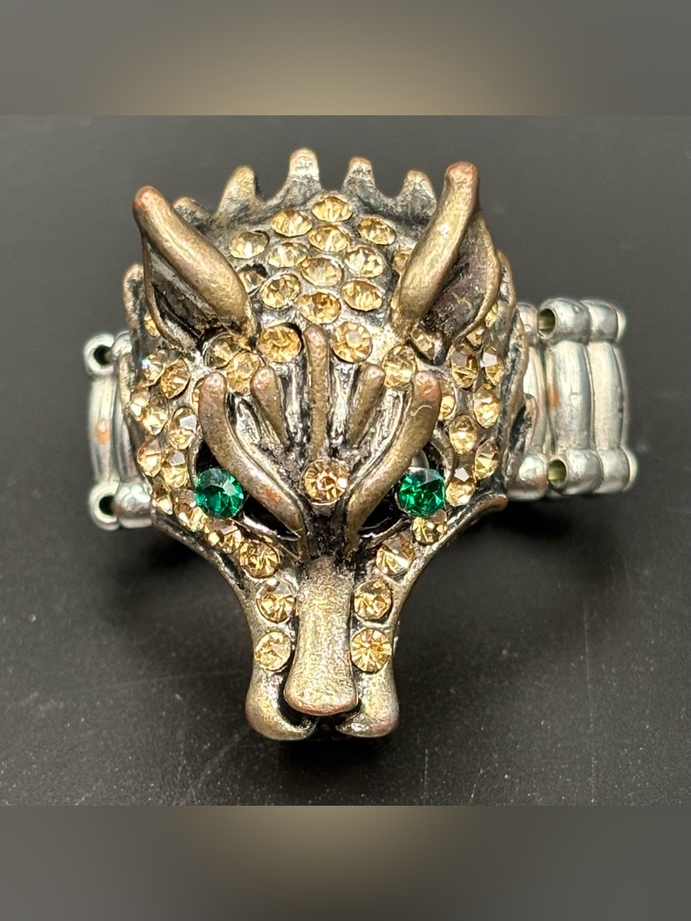 Wolf Head Stretch Ring Green Eye Topaz Rhinestone Bronze Tone Biker Animal Sz 8